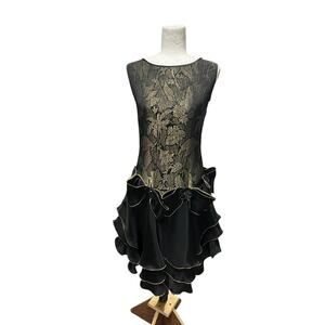 VTG Carol Peretz Black Drop Waist Cocktail Dress Bows Gold Rose Jacquard Size 4
